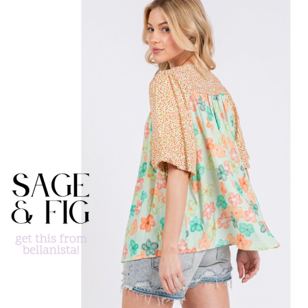 T7673 SAGE + FIG Green Coral Floral Print Bubble Sleeve Top - Picture 4 of 4